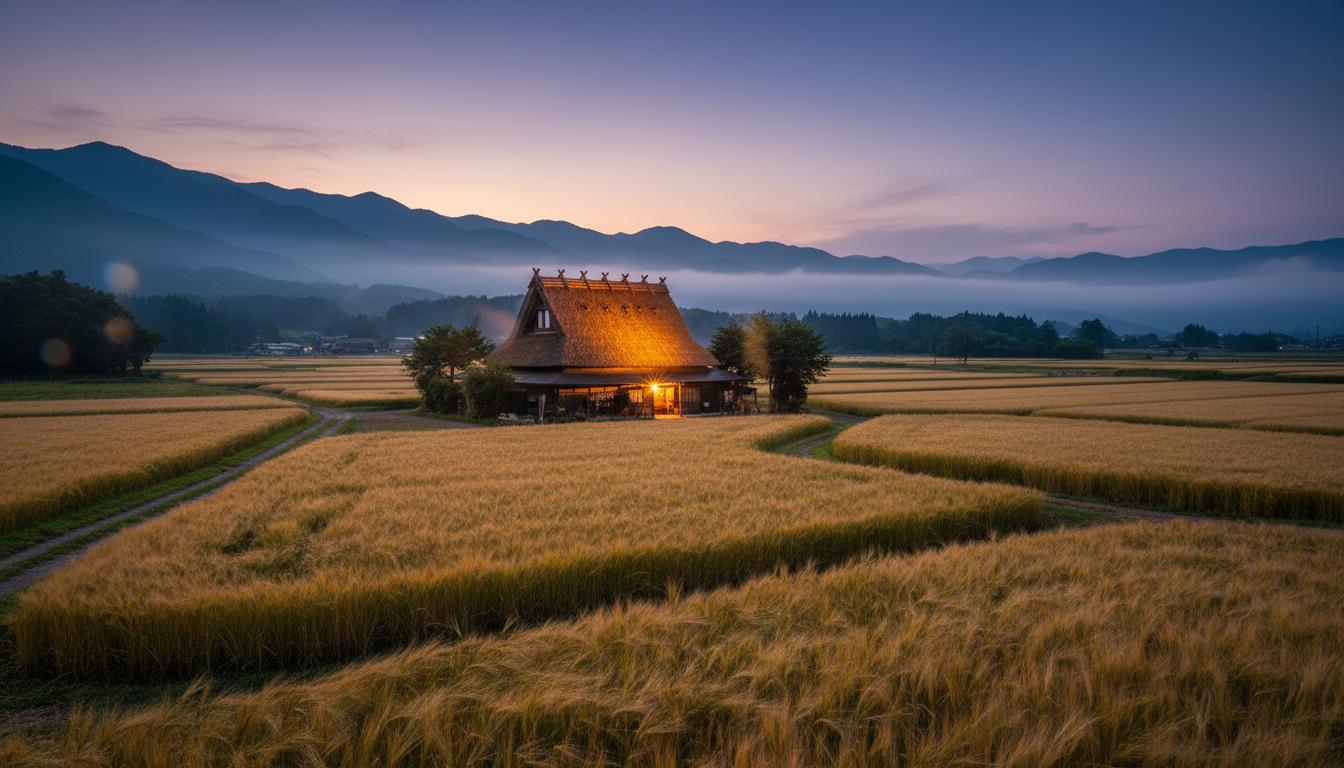 Traditional Japanese farmhouse surrounded by golden wheat fields at dusk
